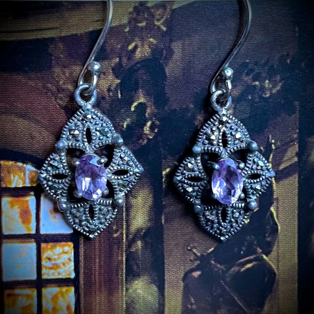 Vintage Sterling Silver Amethyst Marcasite Earrings 925